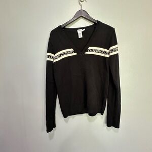 CK Jeans Calvin Klein V Neck Sweater Top Black Cream Logo Knit XL Women VTG Y2K